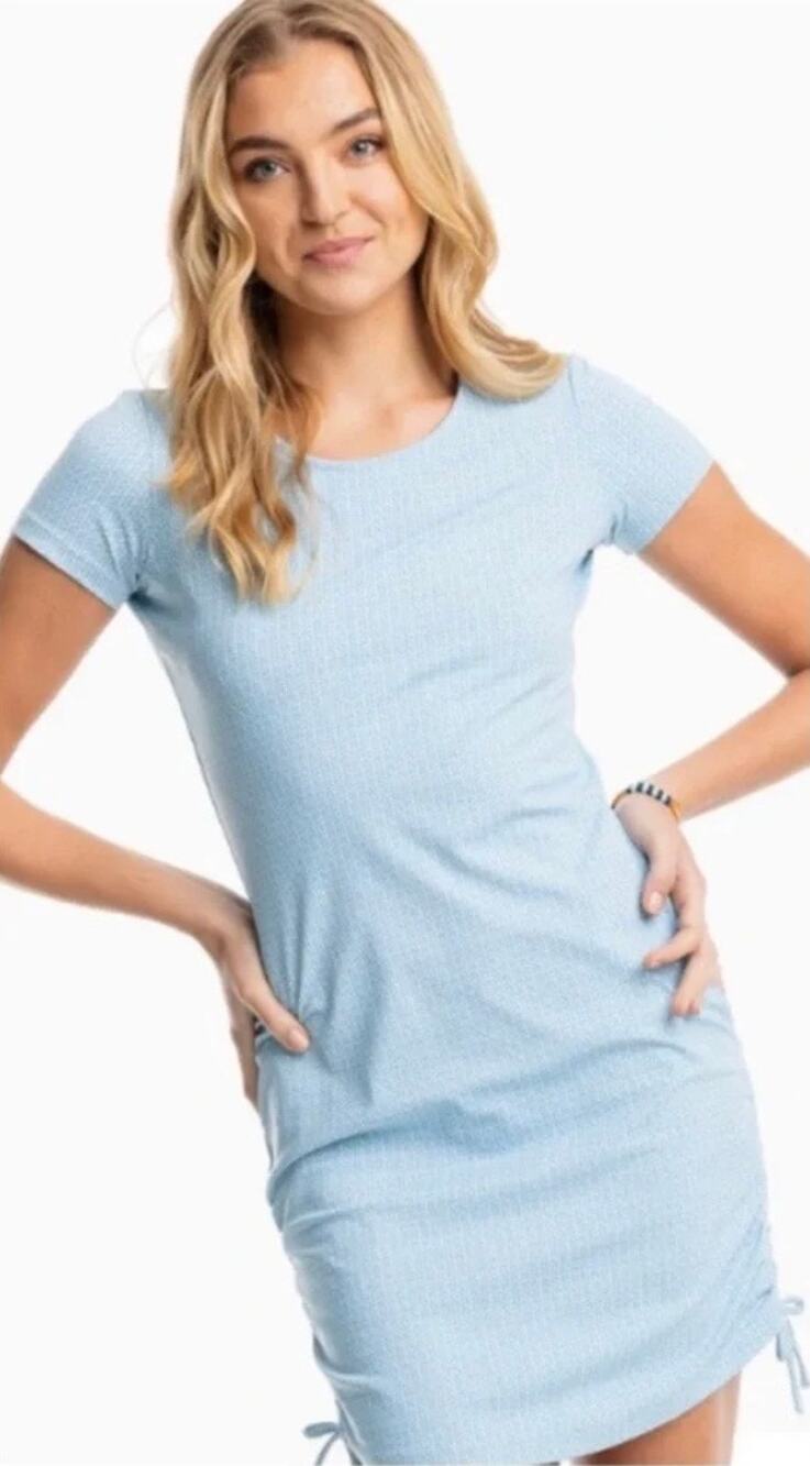 Southern Tide Shirley Side Ruched Performance Dress Large Aqua White Herringbone